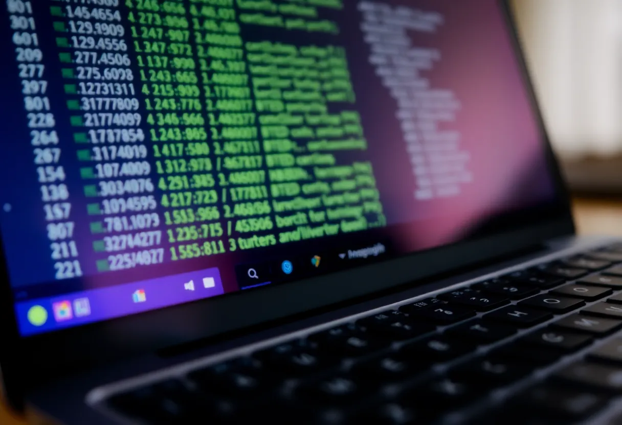 Close-up of a laptop keyboard and a terminal with a directory tree