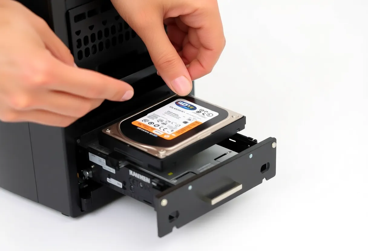 Hands sliding a hard drive into a NAS drive bay, close-up