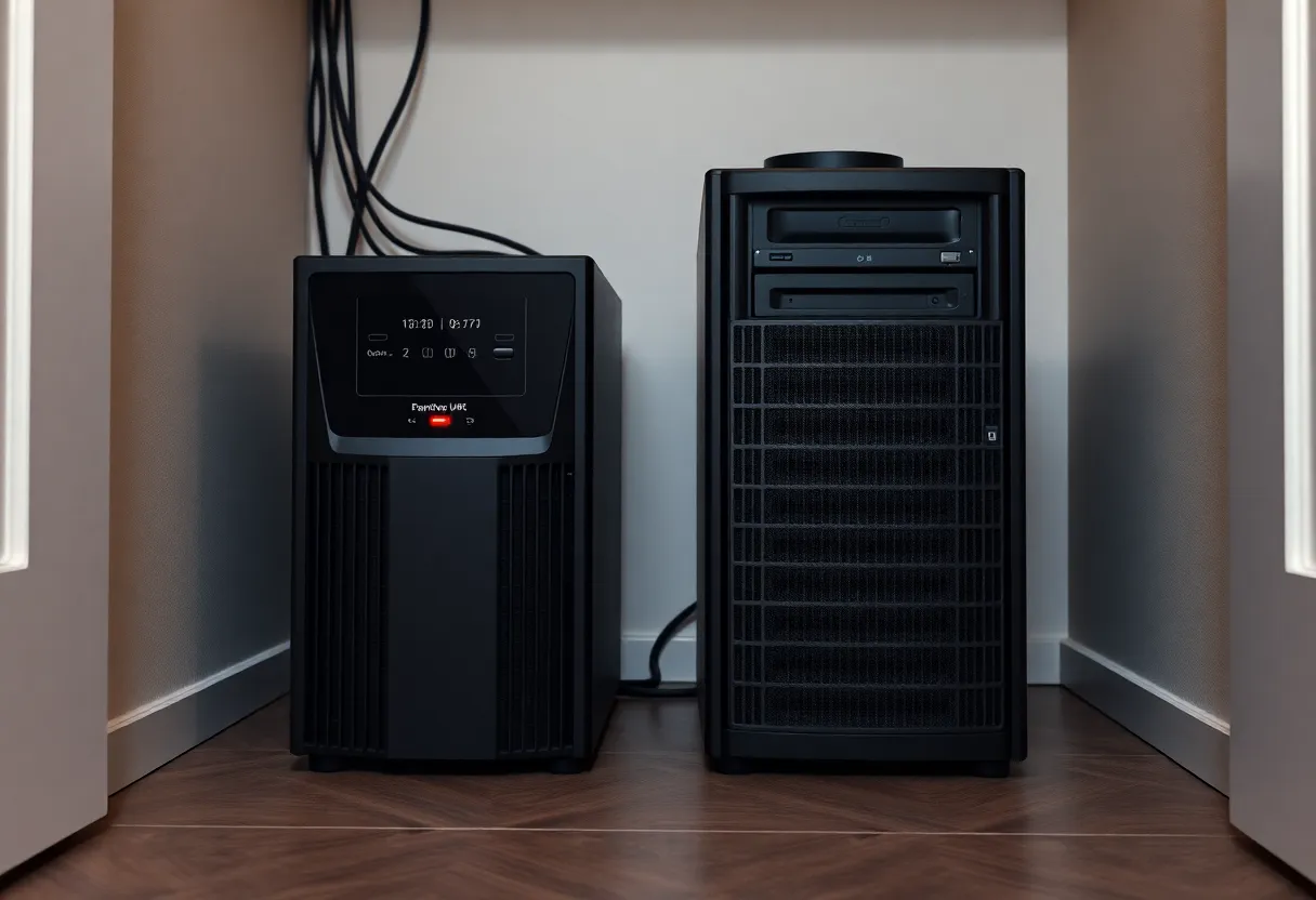 A compact UPS beside a small server on a closet floor