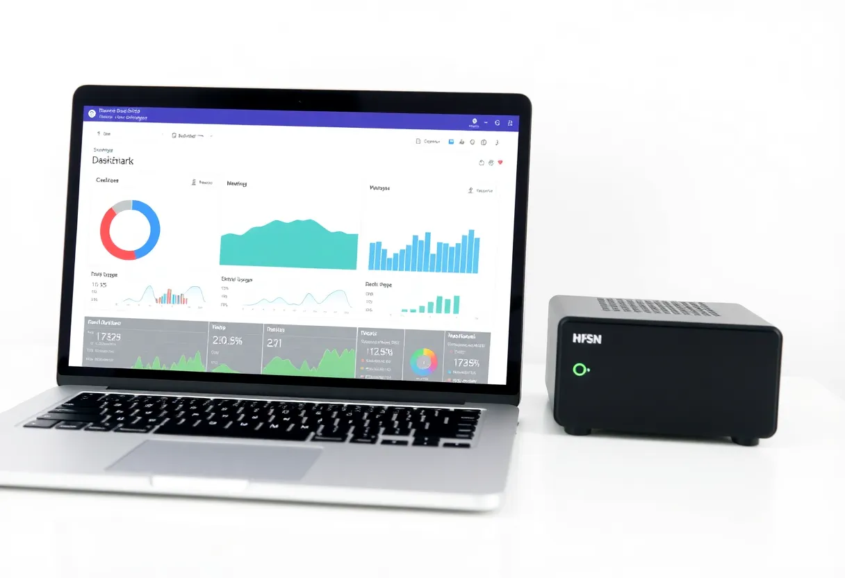 A laptop showing a storage dashboard with disk usage charts next to a small NAS