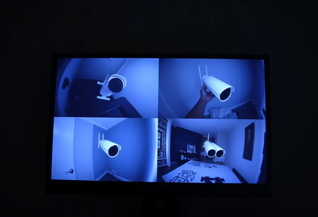 A monitor showing a grid of four home security camera feeds, dim room