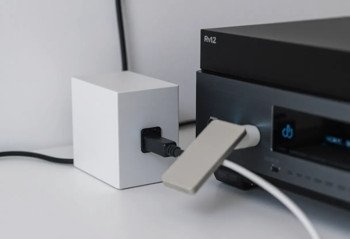 A small server box with an AI accelerator stick plugged in next to a network video recorder