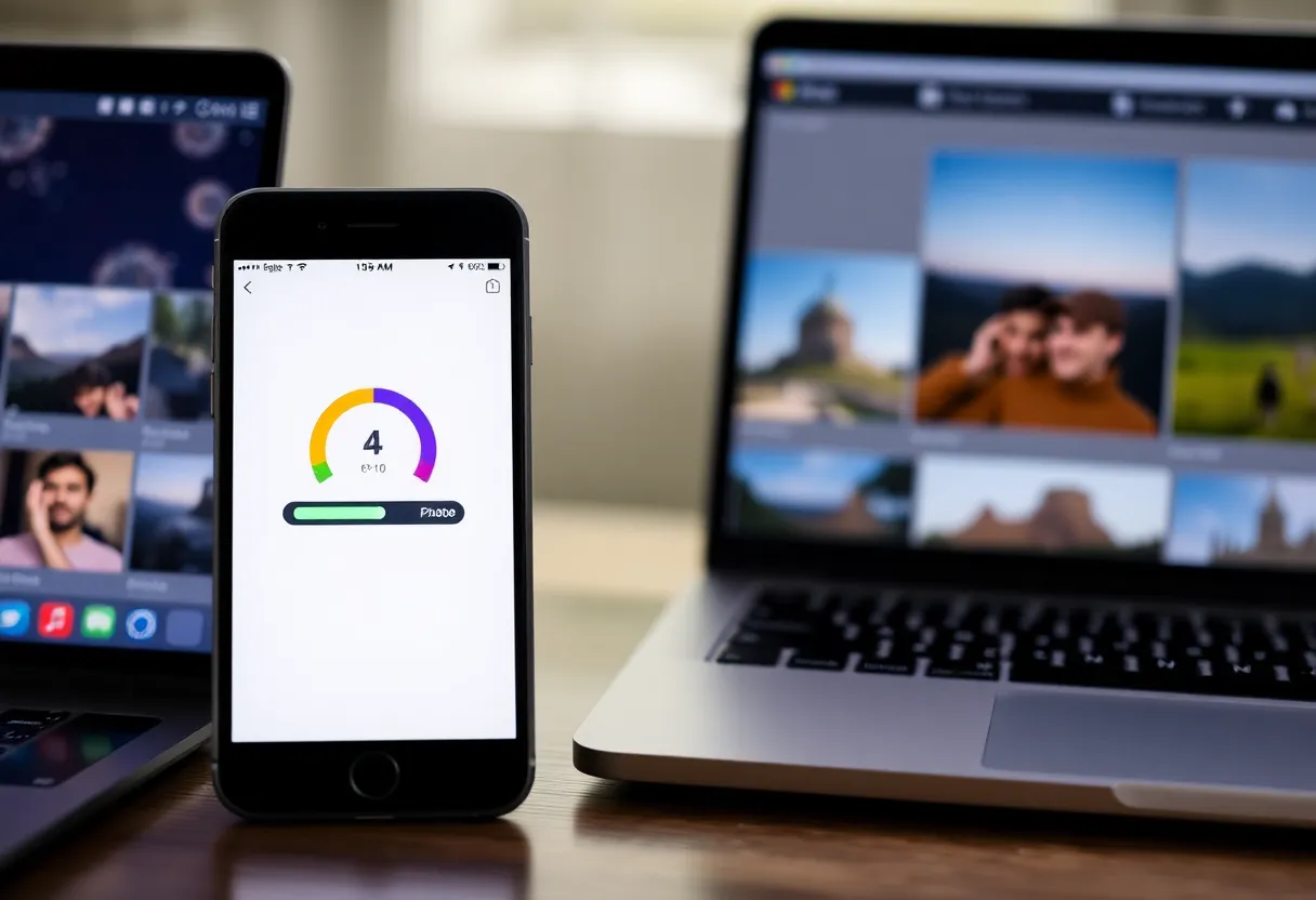 A smartphone backing up photos with a progress indicator next to a laptop showing a photo timeline
