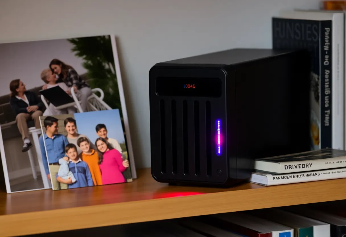 A small NAS with drive lights glowing on a bookshelf beside printed family photos