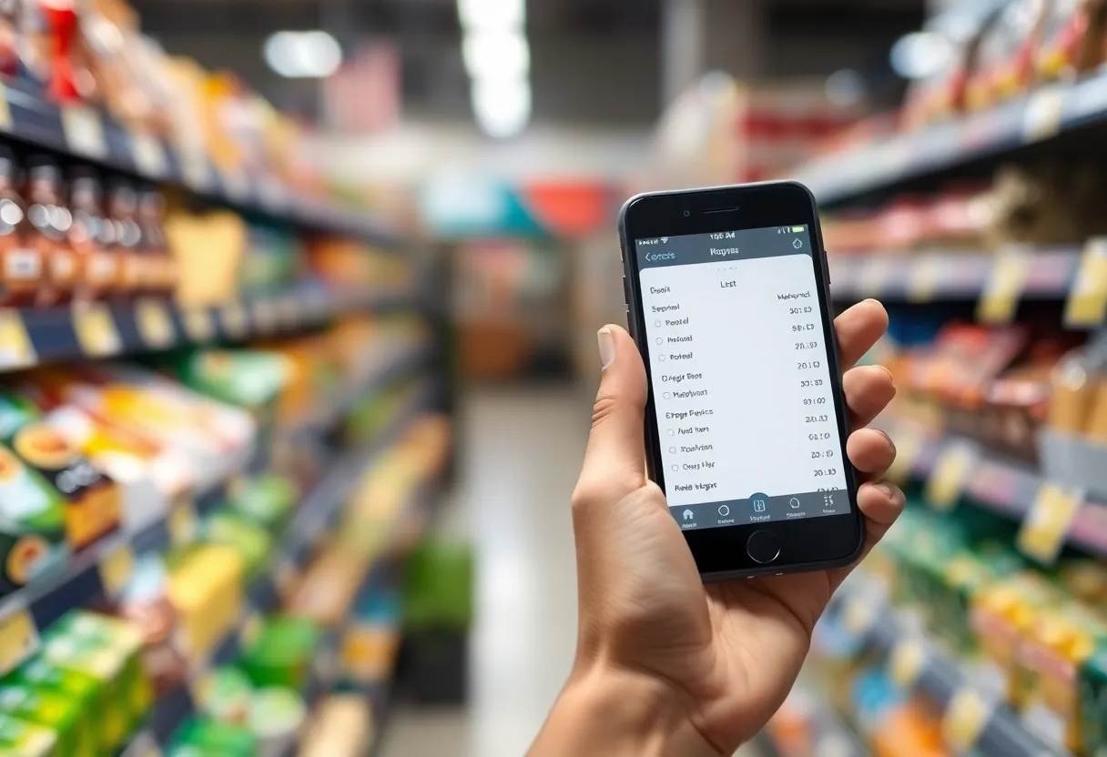 A phone showing a shopping list app in a hand at a grocery shelf