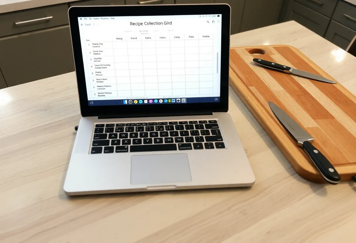 A laptop on a kitchen table showing a recipe collection grid next to a cutting board