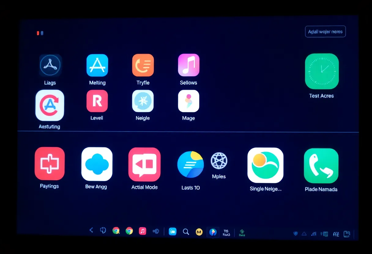 A monitor showing a grid of app icons and status indicators on a dark background