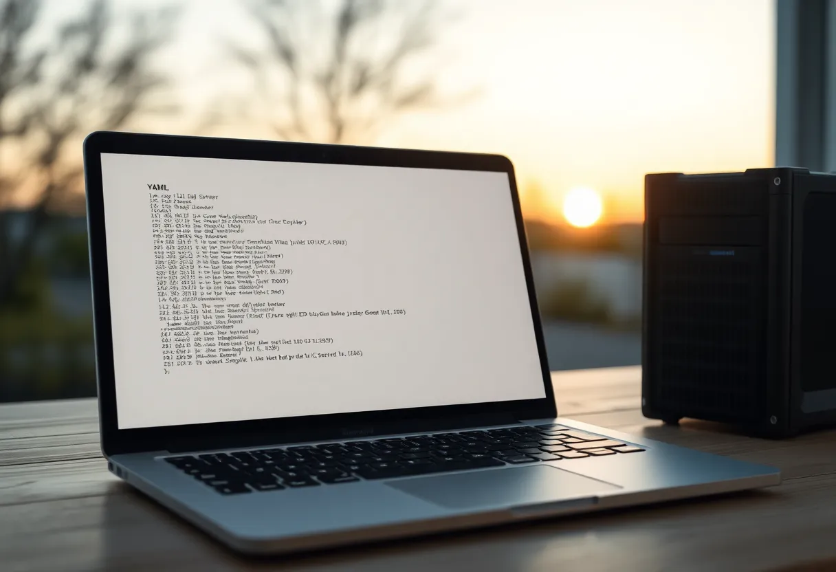 A laptop with a YAML configuration file open next to a small server, evening light