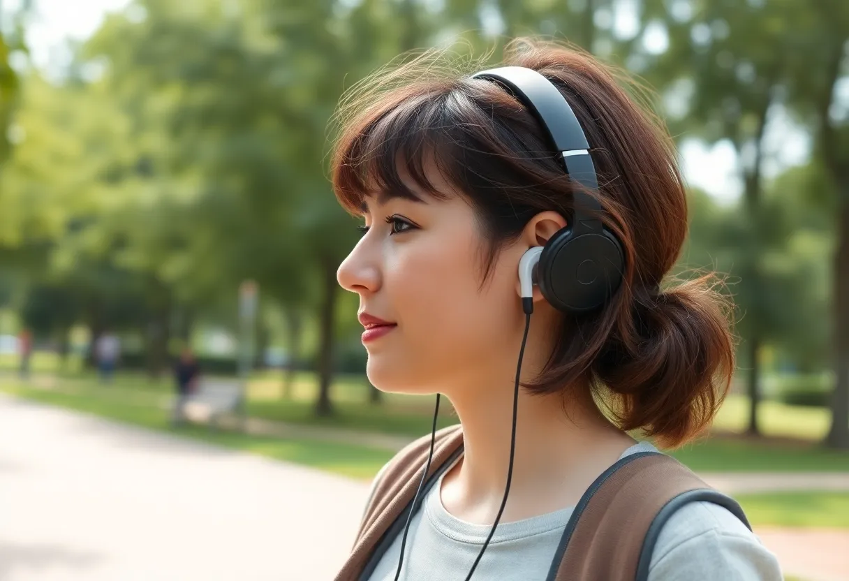 A person listening to an audiobook with earbuds while walking in a park