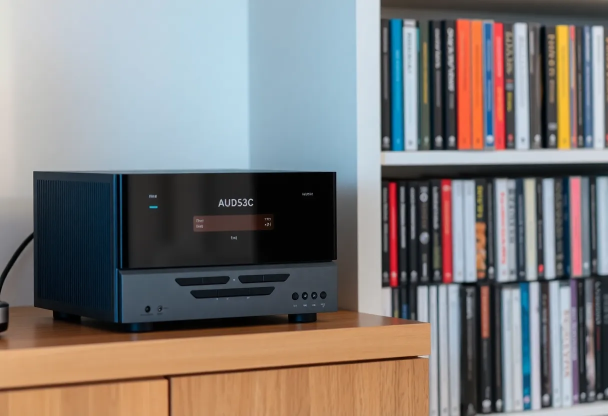 A small home media server next to a shelf of audiobooks and CDs