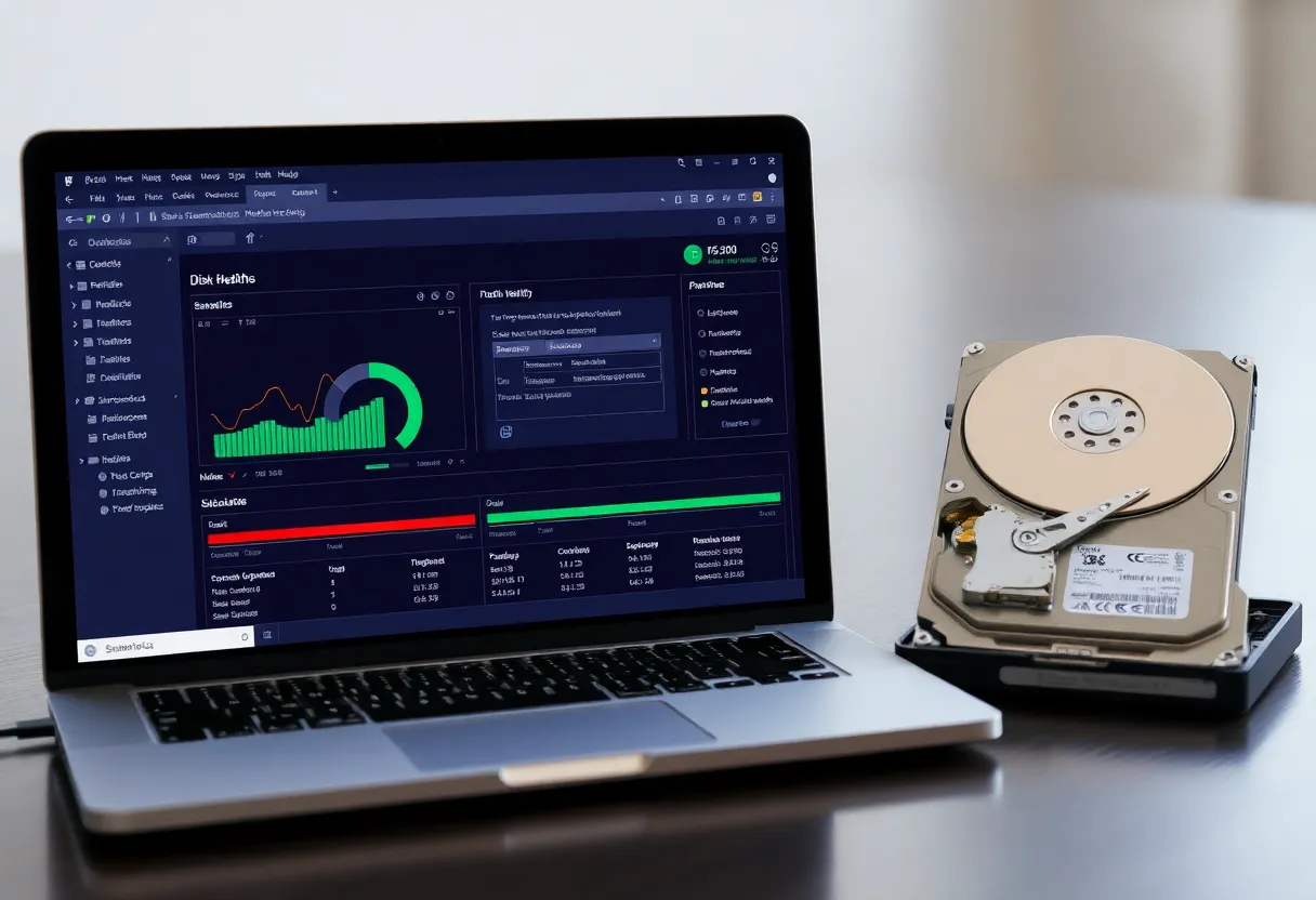 A laptop screen showing disk health charts and attributes next to a removed hard drive