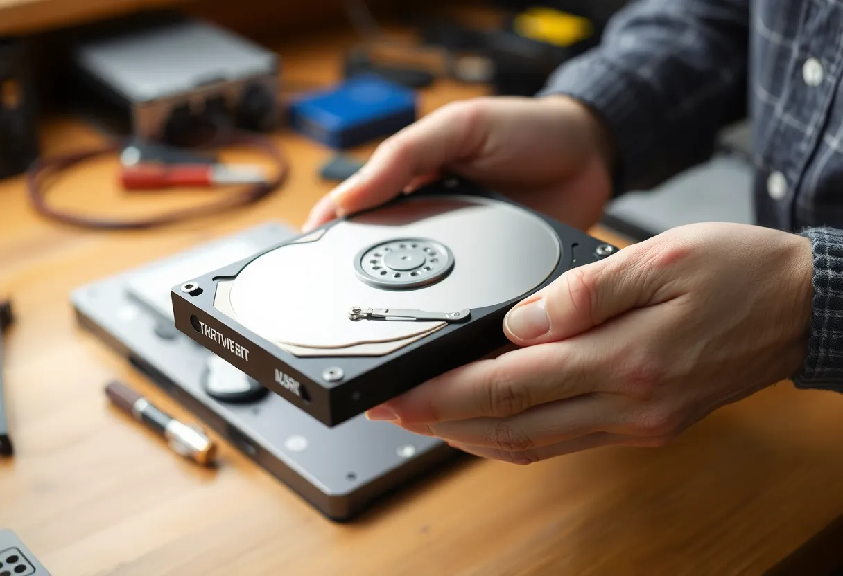 Hands holding a 3.5 inch hard drive over a workbench