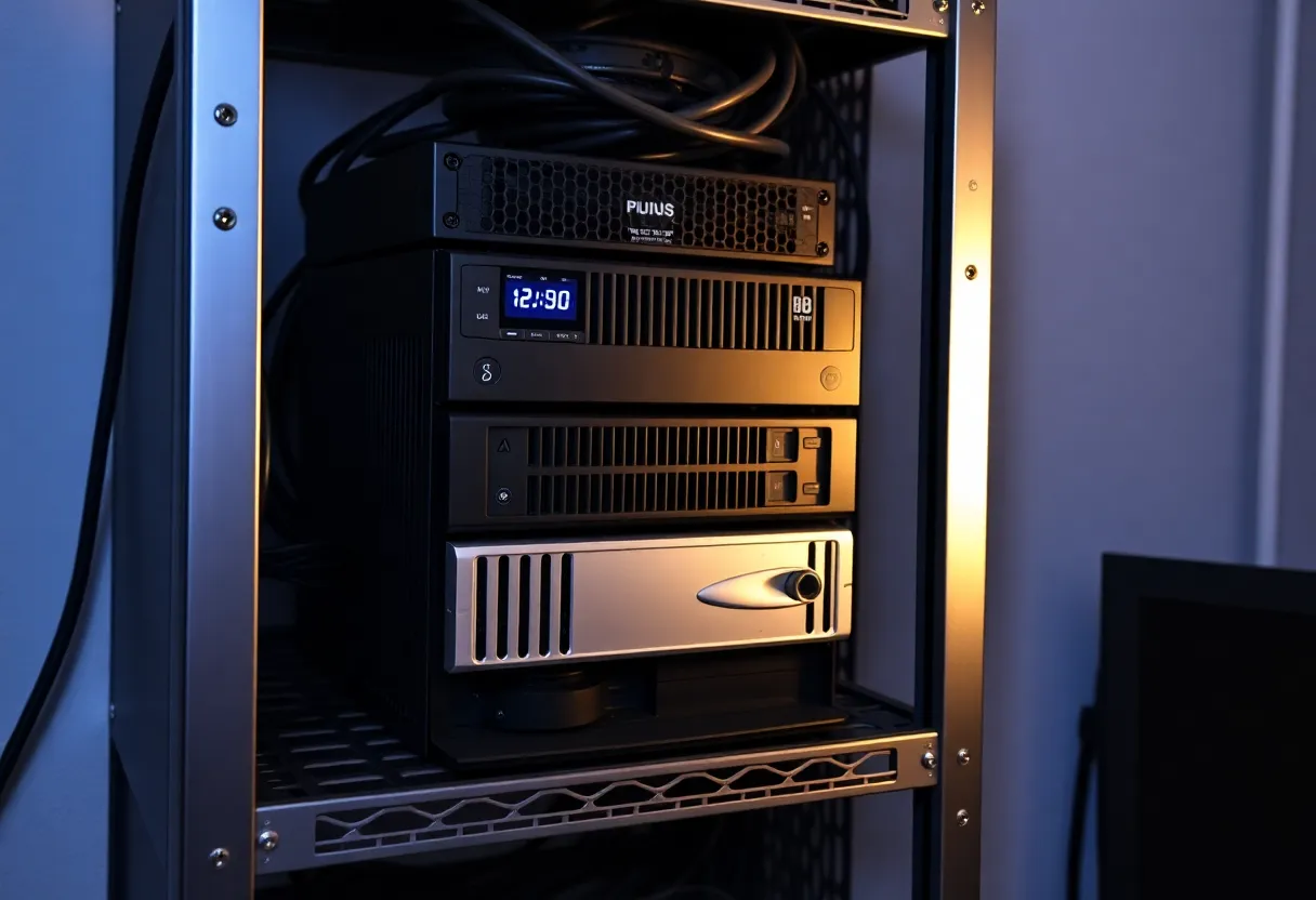 A home rack with a UPS, NAS and mini PCs during a power outage, emergency light