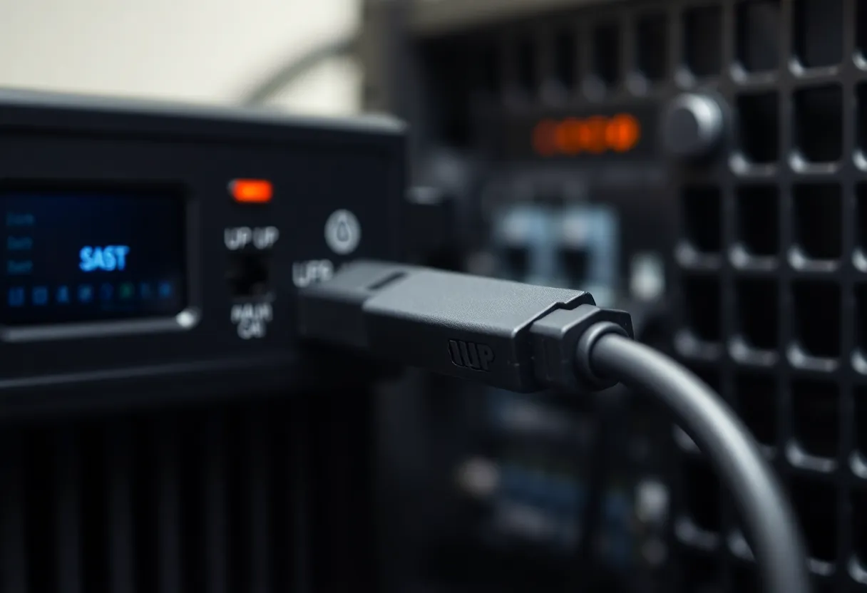 Close-up of a USB cable connecting a UPS to a small server