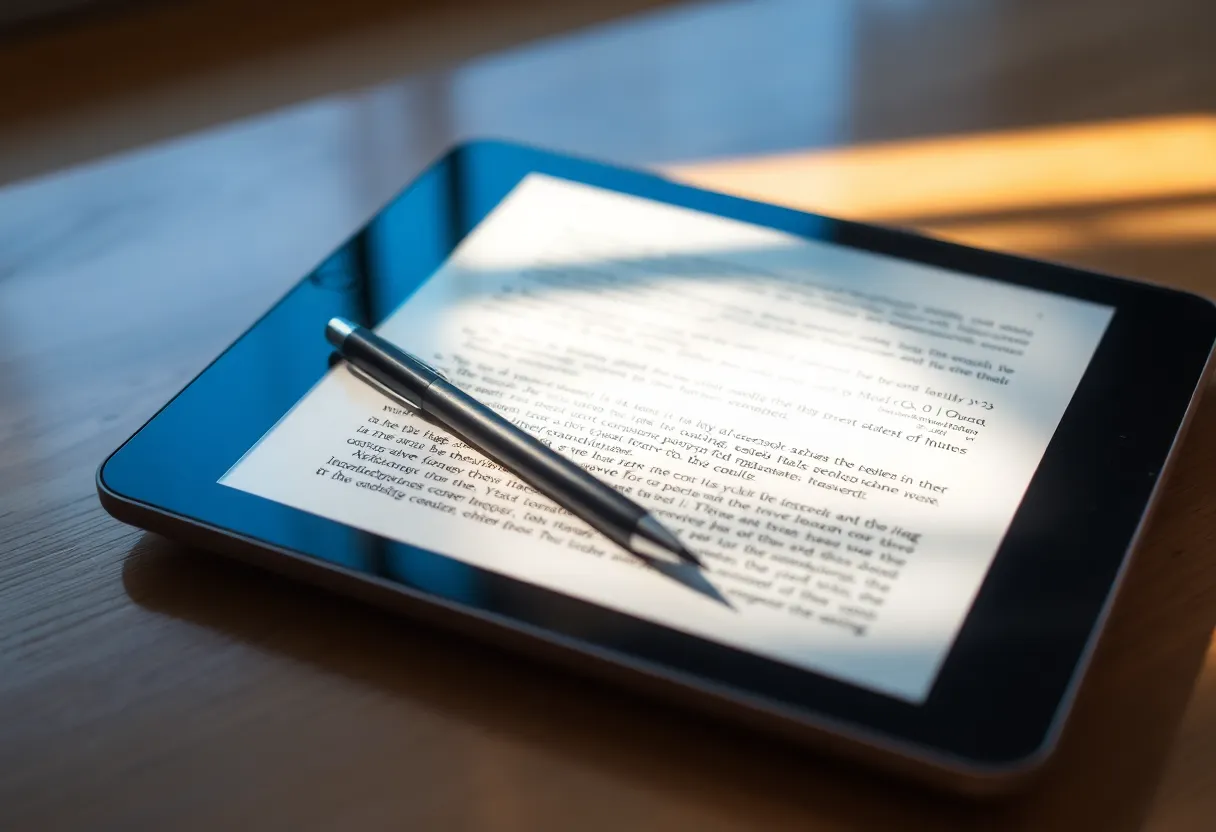 A stylus resting on an e-ink tablet with an annotated document