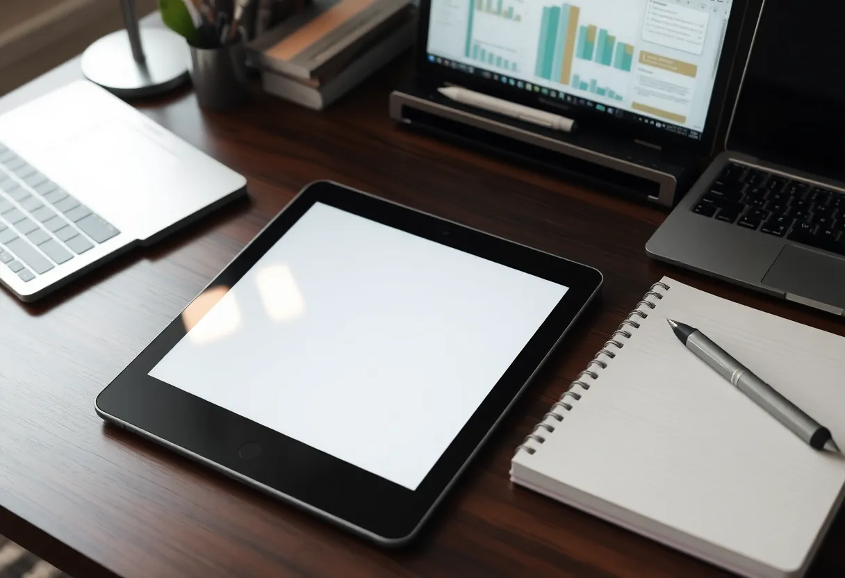 A desk with an e-ink tablet, a laptop and a notebook, organised research workspace