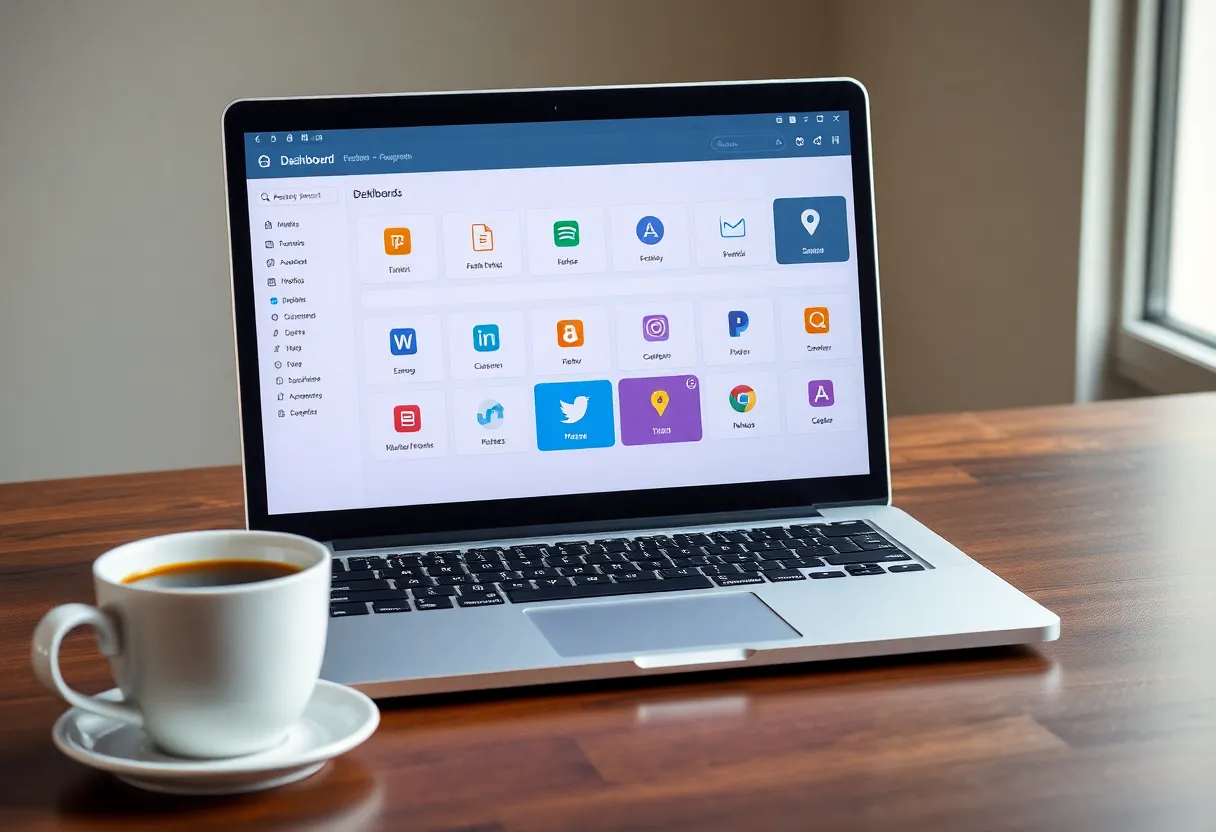 A laptop showing a dashboard of self-hosted application icons, coffee beside it