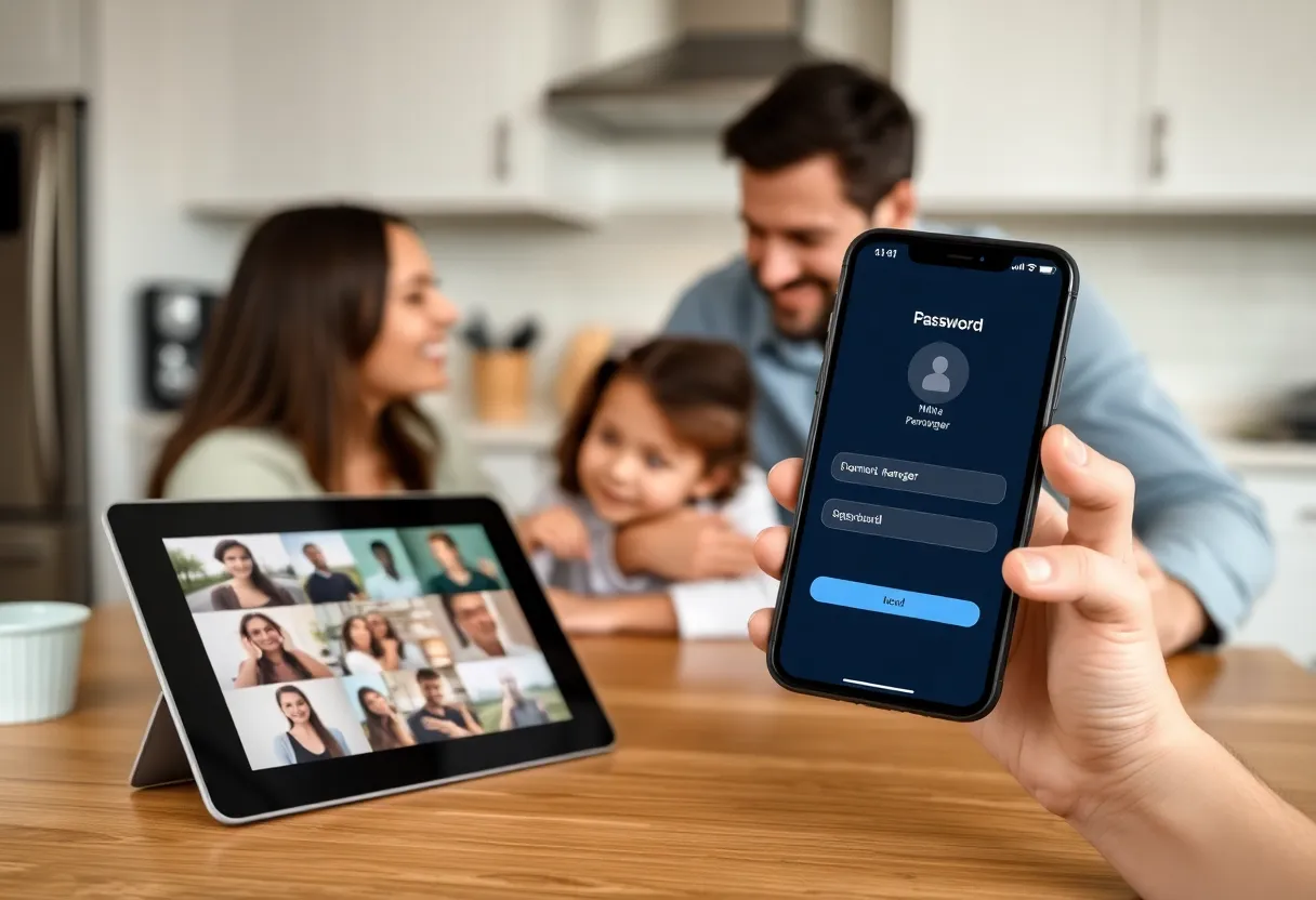 A family kitchen with a tablet showing photos and a phone showing a password manager