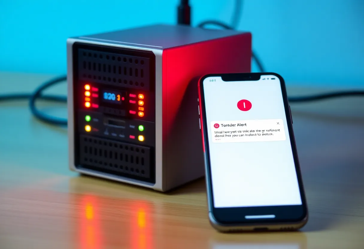 A phone showing an alert notification next to a small server with status LEDs