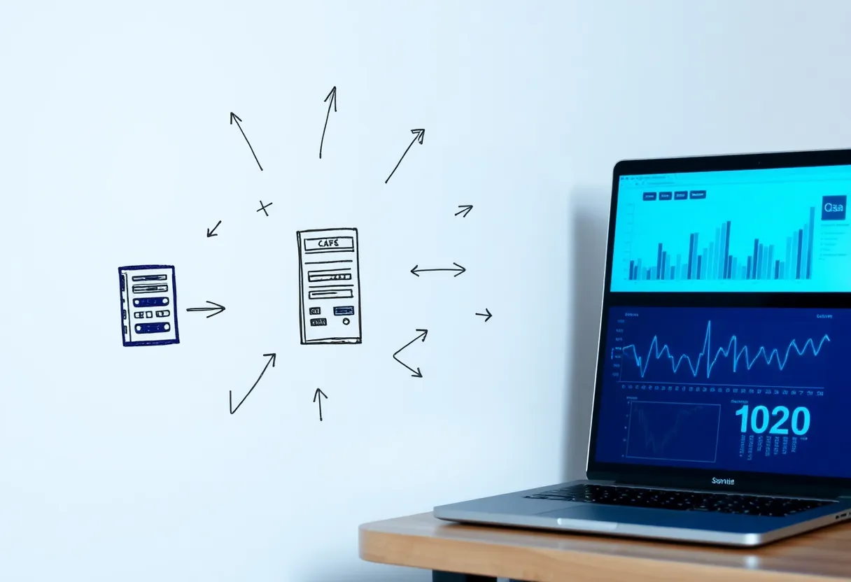 A whiteboard sketch of servers and arrows next to a laptop with graphs