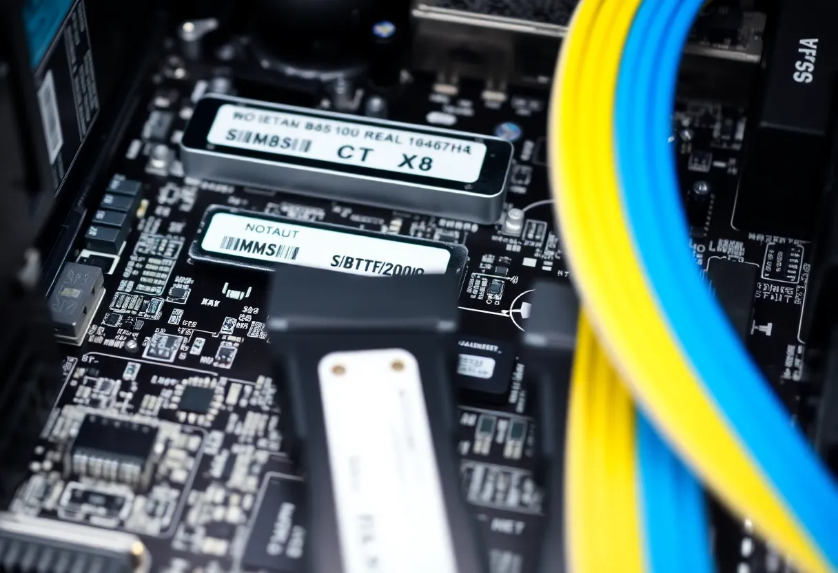 A NAS motherboard with memory modules and SATA cables, macro photography