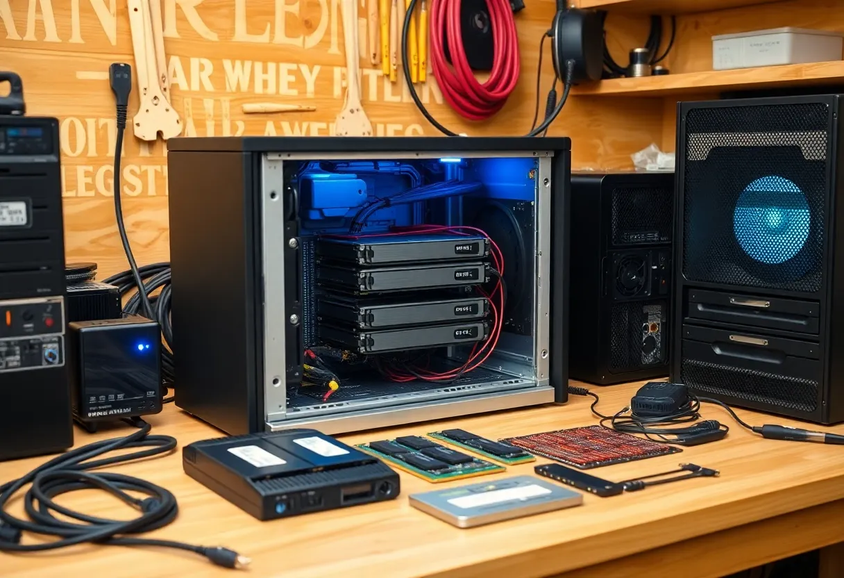 A home server open on a workbench with hard drives and memory sticks laid out