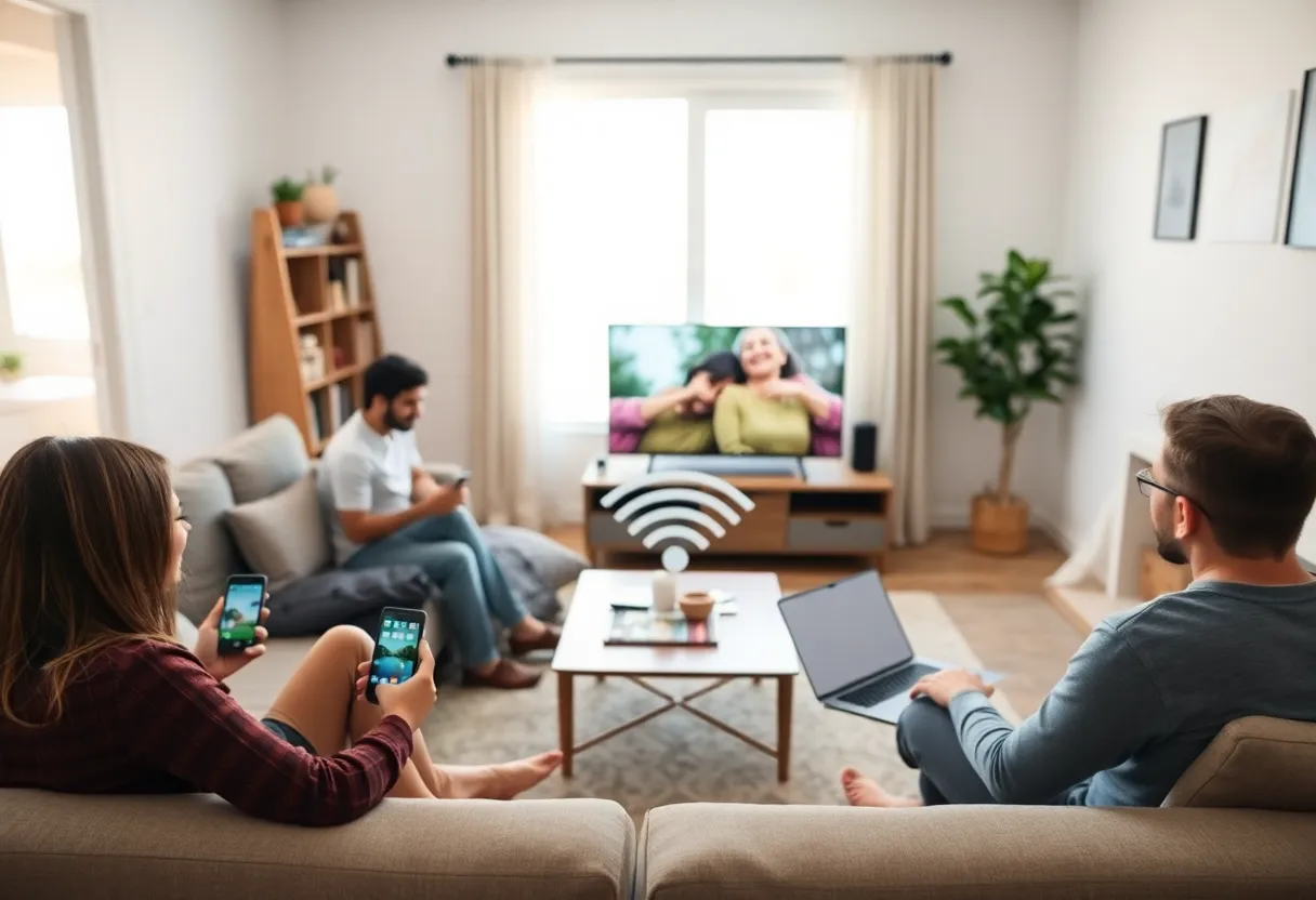 A family living room with phones, a smart TV and laptops connected to home Wi-Fi