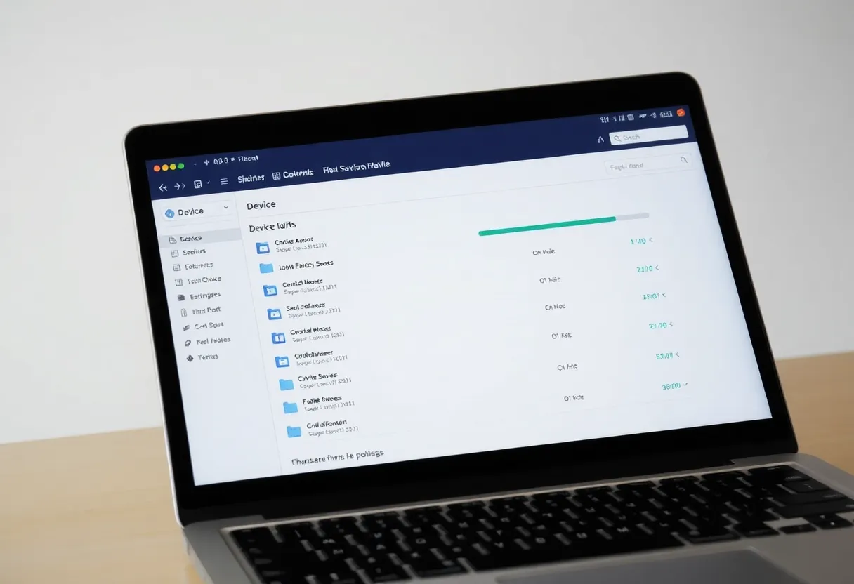 A laptop screen showing a file sync app with device list and progress bars