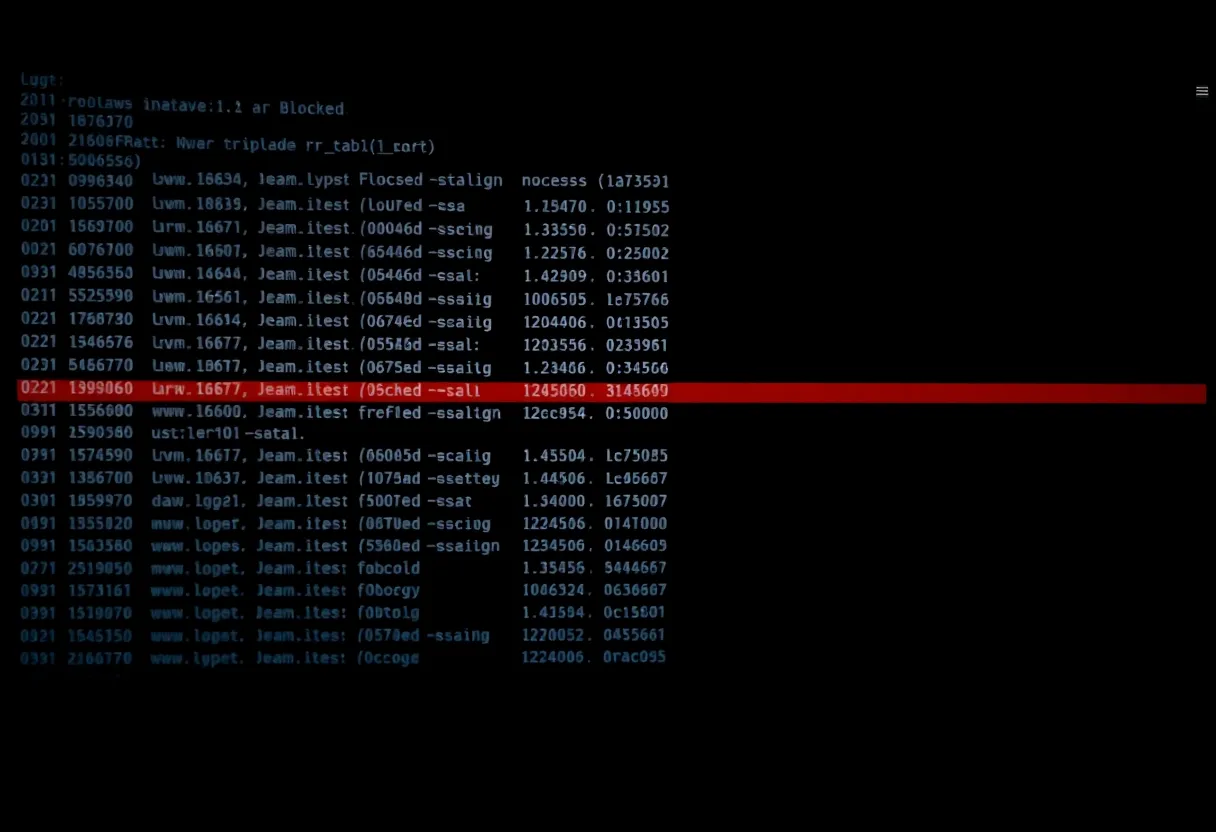 A terminal window with scrolling log lines and highlighted blocked IP addresses, dark room