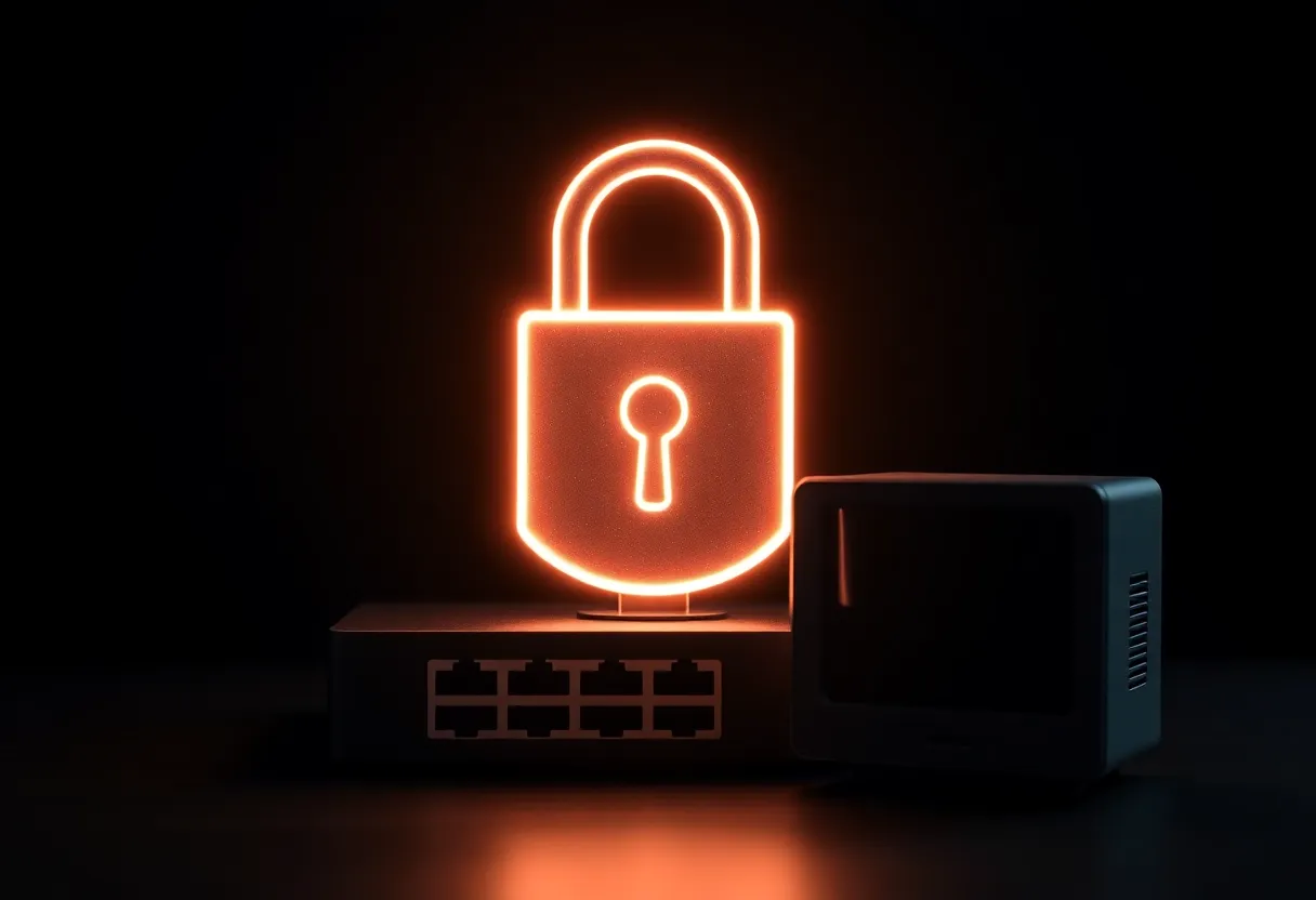 A padlock icon glowing over a small network switch and mini PC