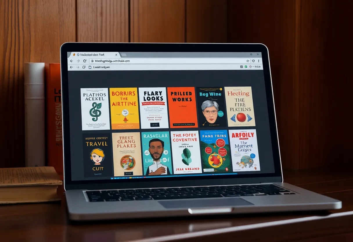 A browser showing a grid of book covers on a laptop in a reading nook