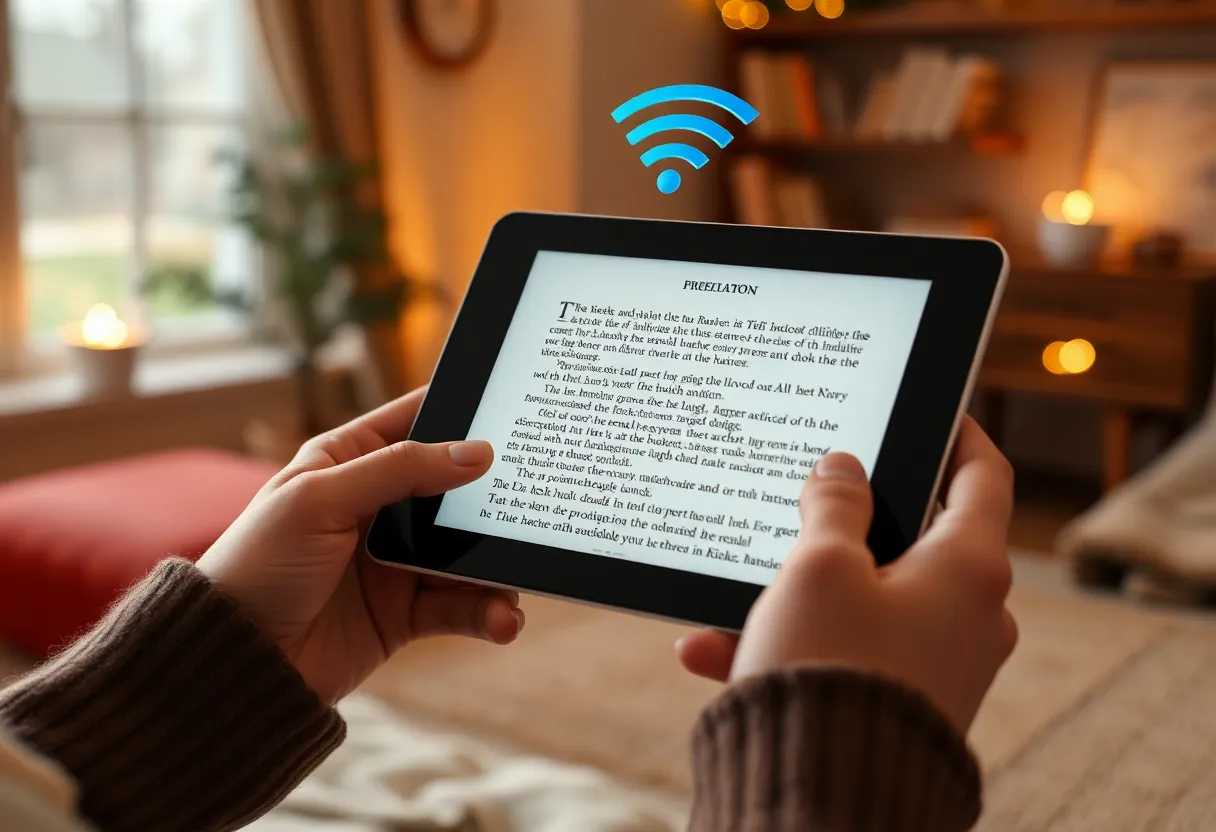 Hands holding an e-reader downloading a book over Wi-Fi in a cozy room