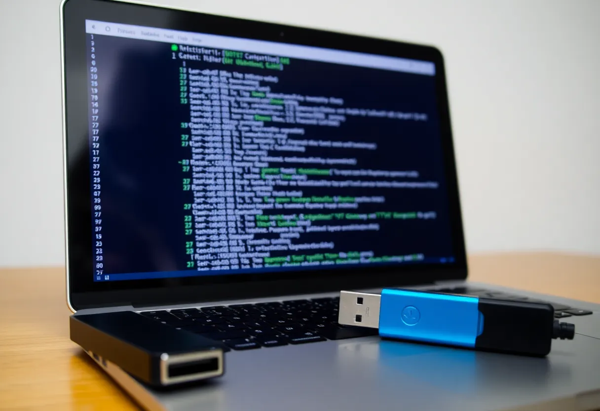 A terminal on a laptop showing database dump output next to a USB backup drive