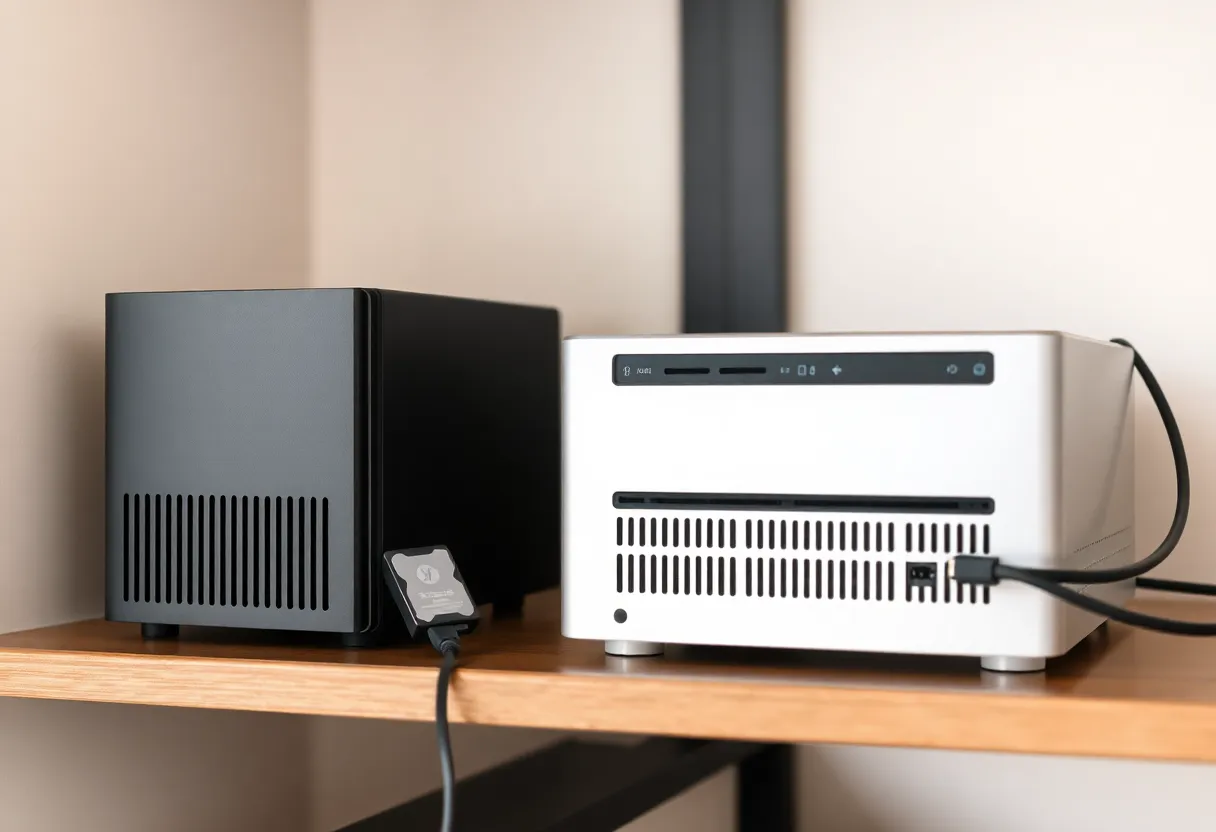 A small NAS and a mini PC on a shelf with a backup drive plugged in