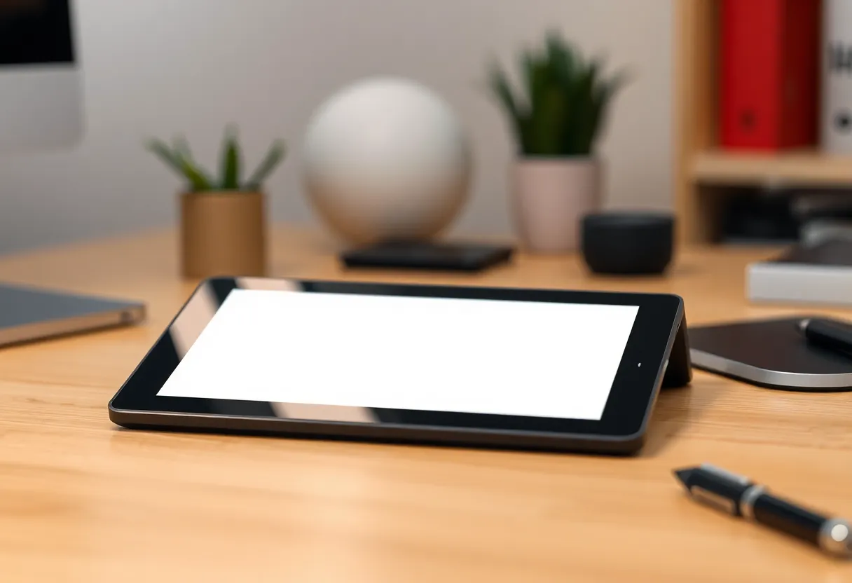 An e-ink tablet on a desk flashing a full screen refresh