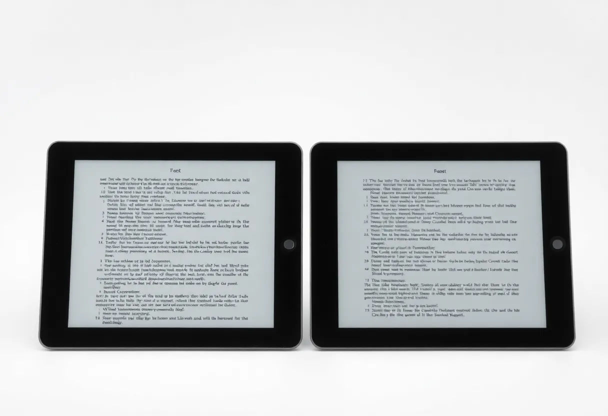 Two e-ink tablets side by side showing a document, one crisp and one with faint ghosting