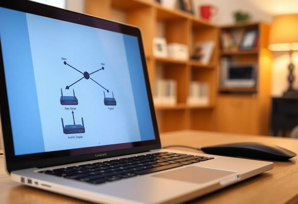 A laptop showing a network diagram with two routers and devices, home office