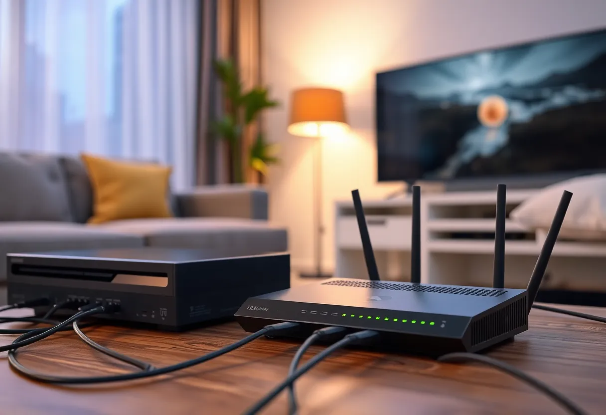 A game console and a router in a living room with network cables, evening light