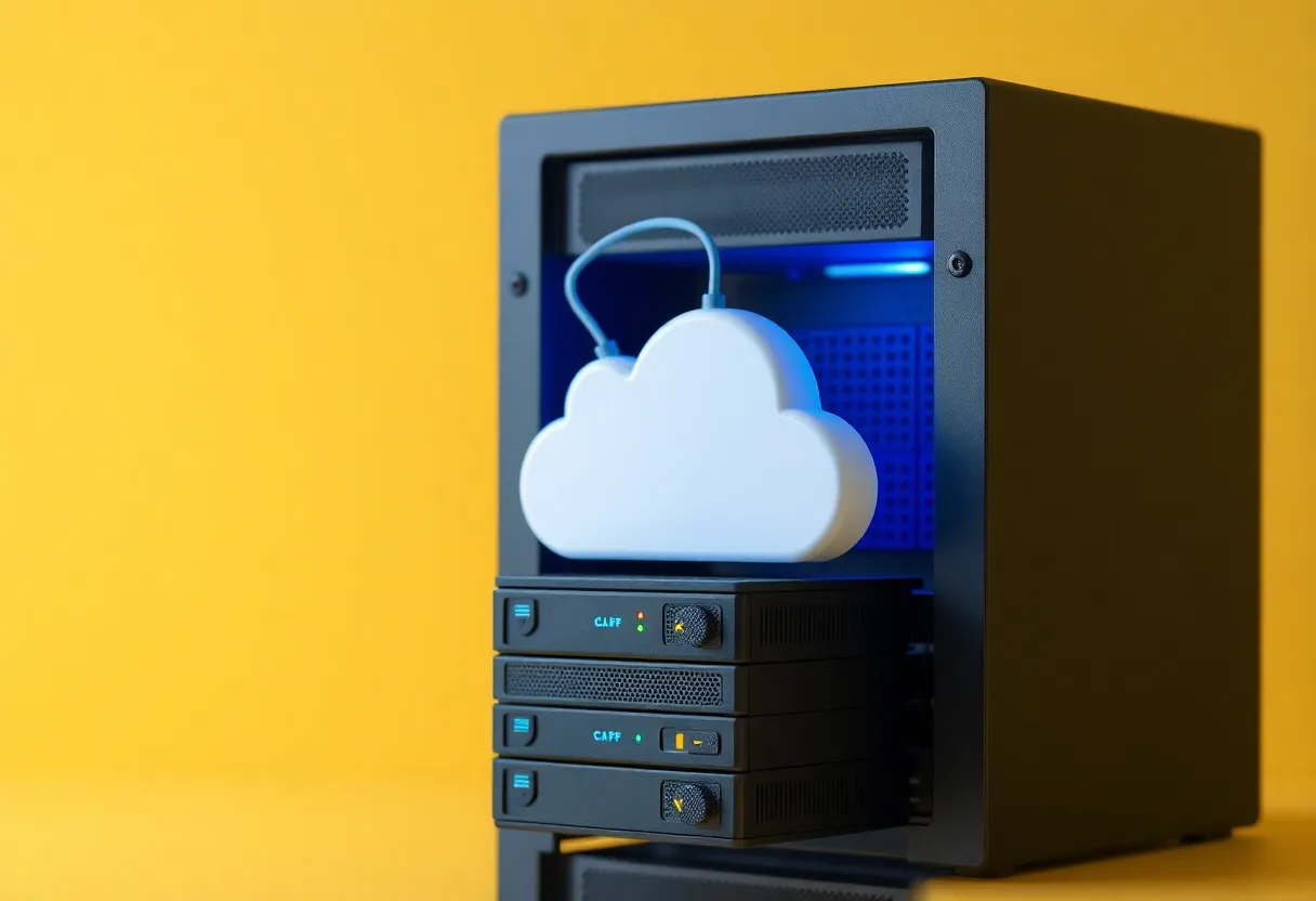 A small server rack with a backup server and an off-site cloud icon concept