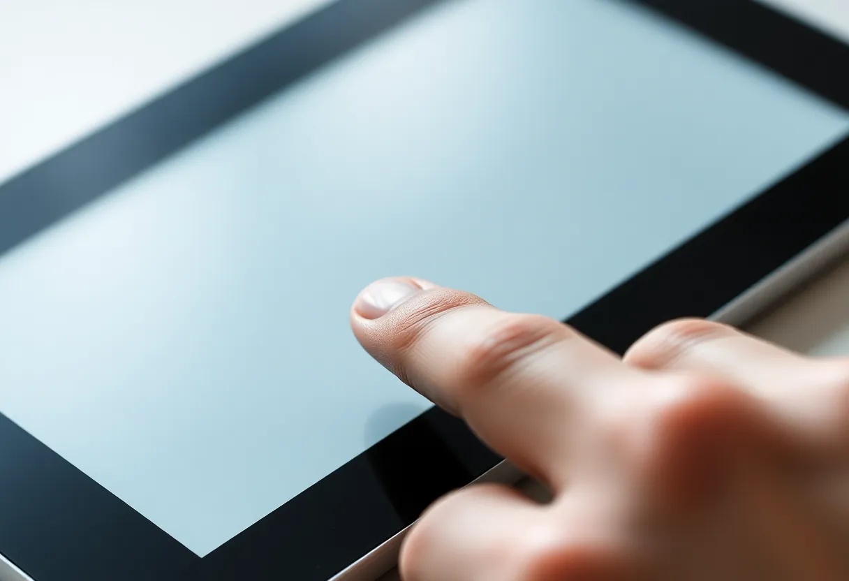 A hand pressing a page-turn button on a 7 inch e-ink tablet, close-up