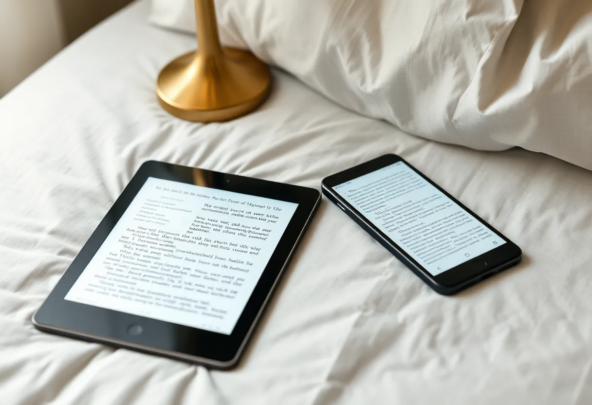 An e-ink tablet and a phone showing the same book page on a bedside table