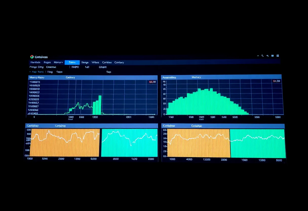 A monitor showing memory usage graphs for virtual machines and containers, dark room