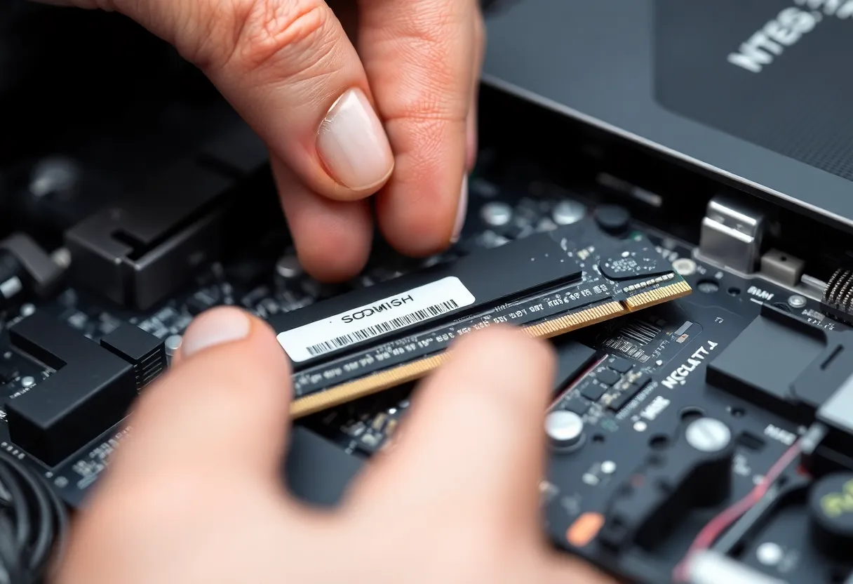 Close-up of hands installing a SODIMM memory module into a mini PC