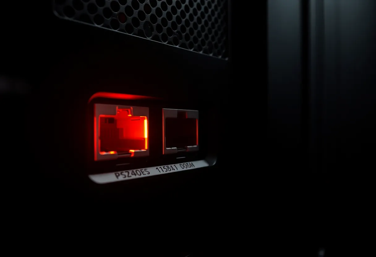 Close-up of a server disk LED and ethernet port in a dark closet