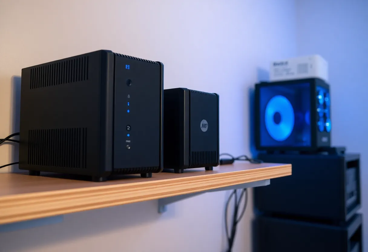 Two small mini PCs on a shelf in a homelab closet