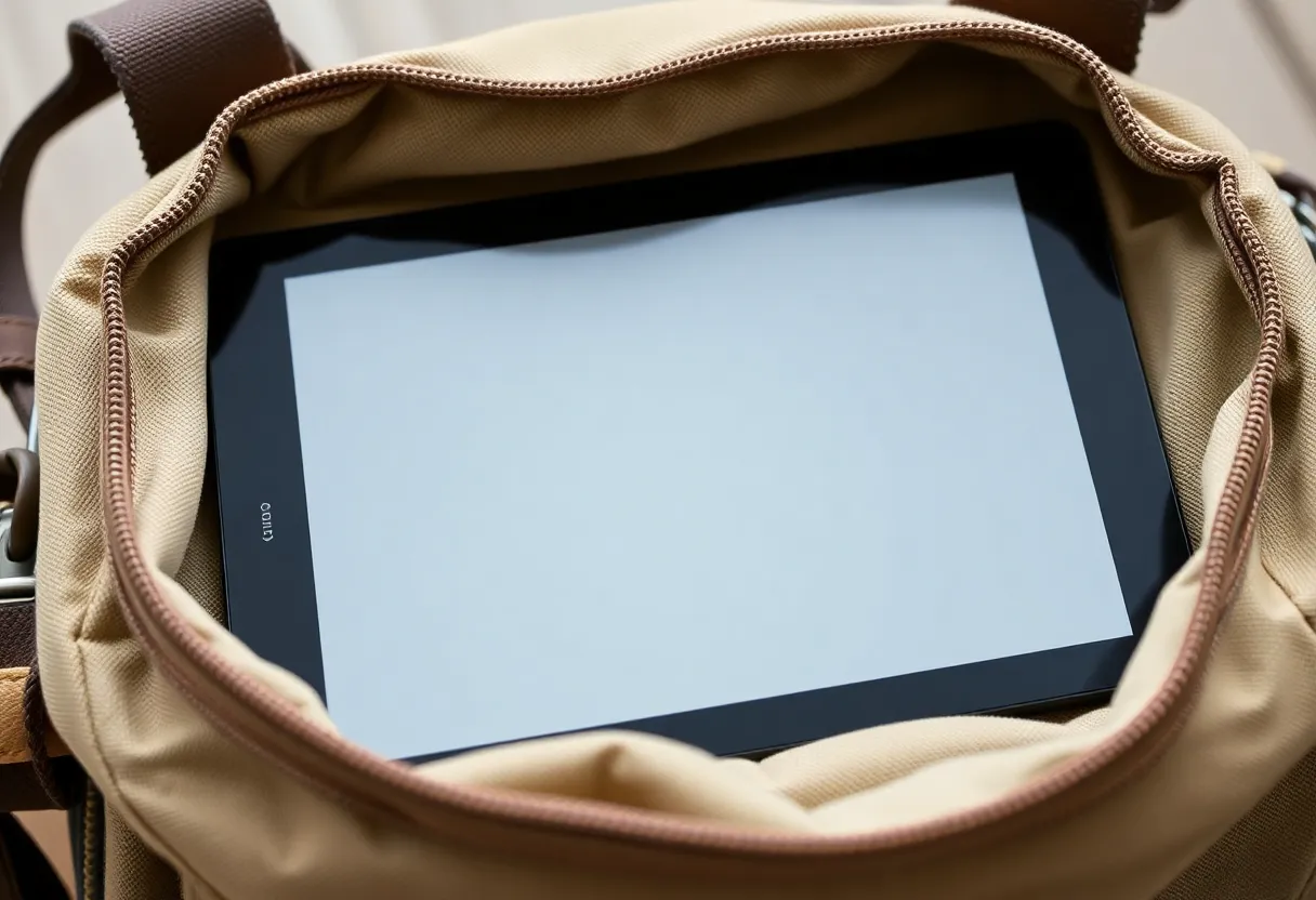 A sleeping e-ink tablet tucked in a canvas bag with the screen dark