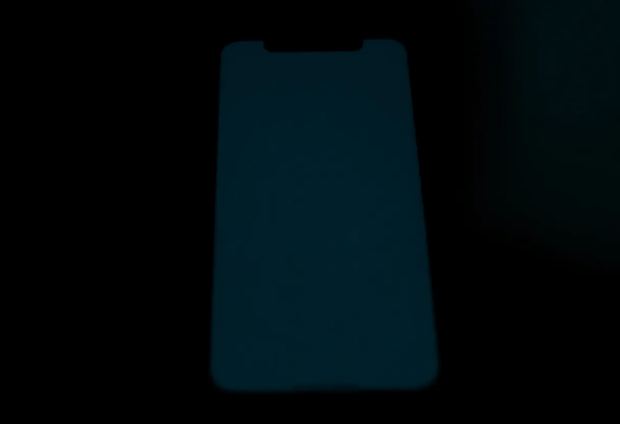 A smartphone face-up in a dark room with a blurred gray screen