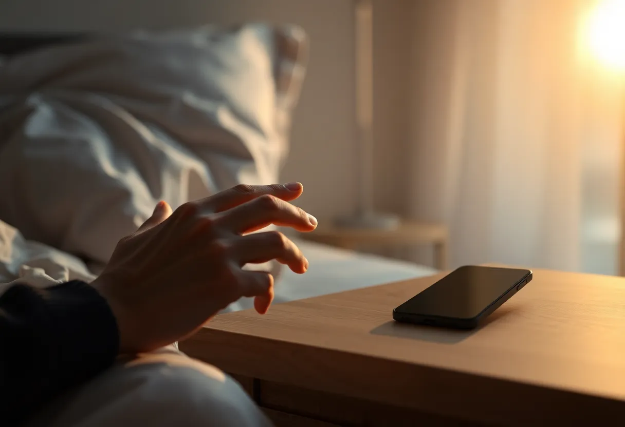 A hand reaching for a phone on a bedside table at dawn
