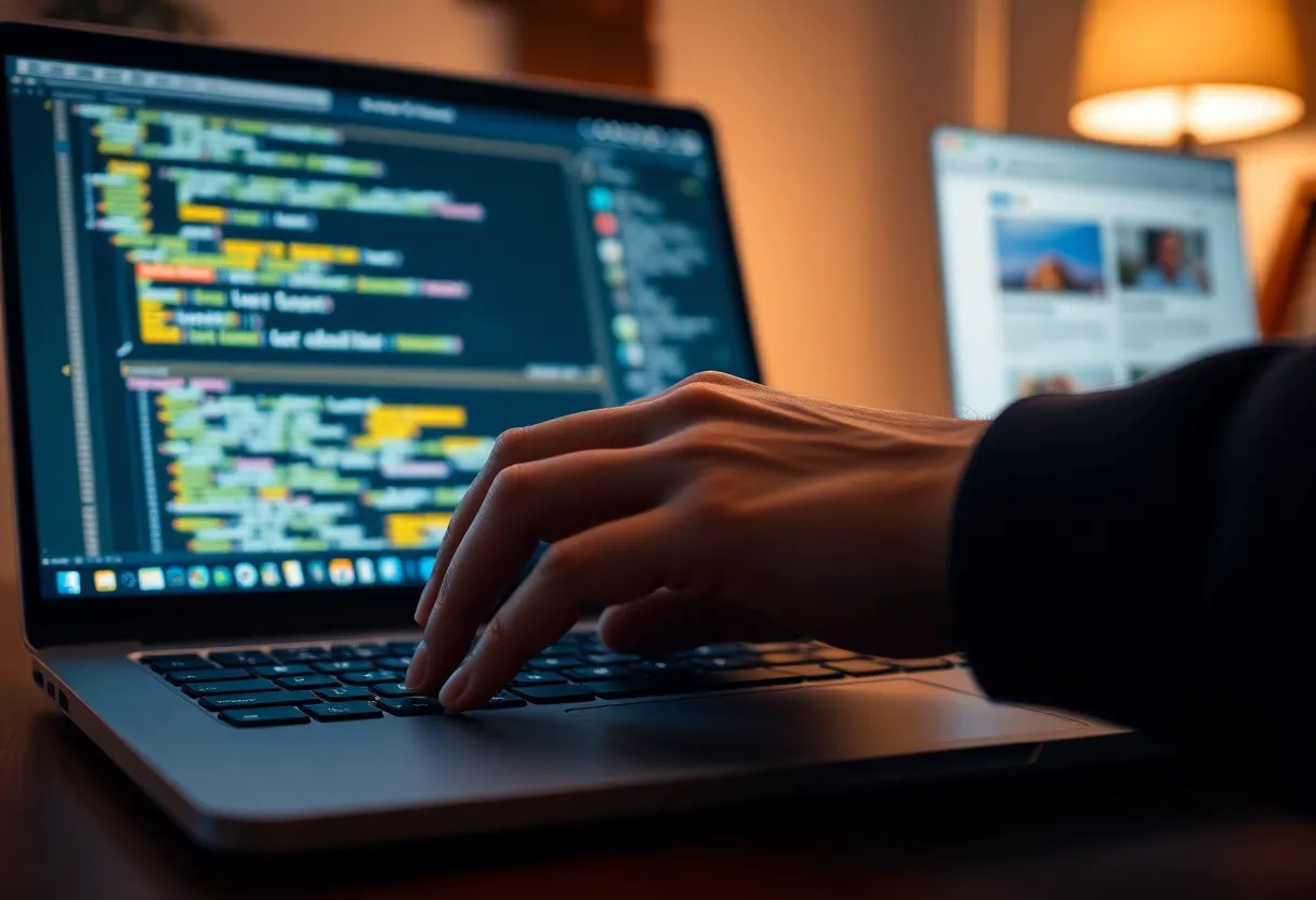 A laptop on a desk with a terminal and a browser open side by side while someone pauses at the keyboard
