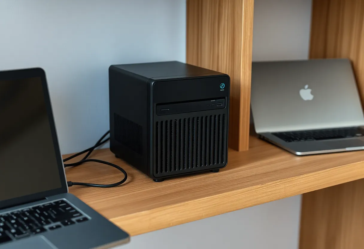 A small home server on a wooden shelf beside a notebook and an ethernet cable